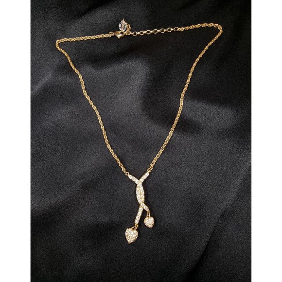 Vintage Swarovski Gold-Tone Necklace With Crystals & Heart Pendants - Picture 3 of 6